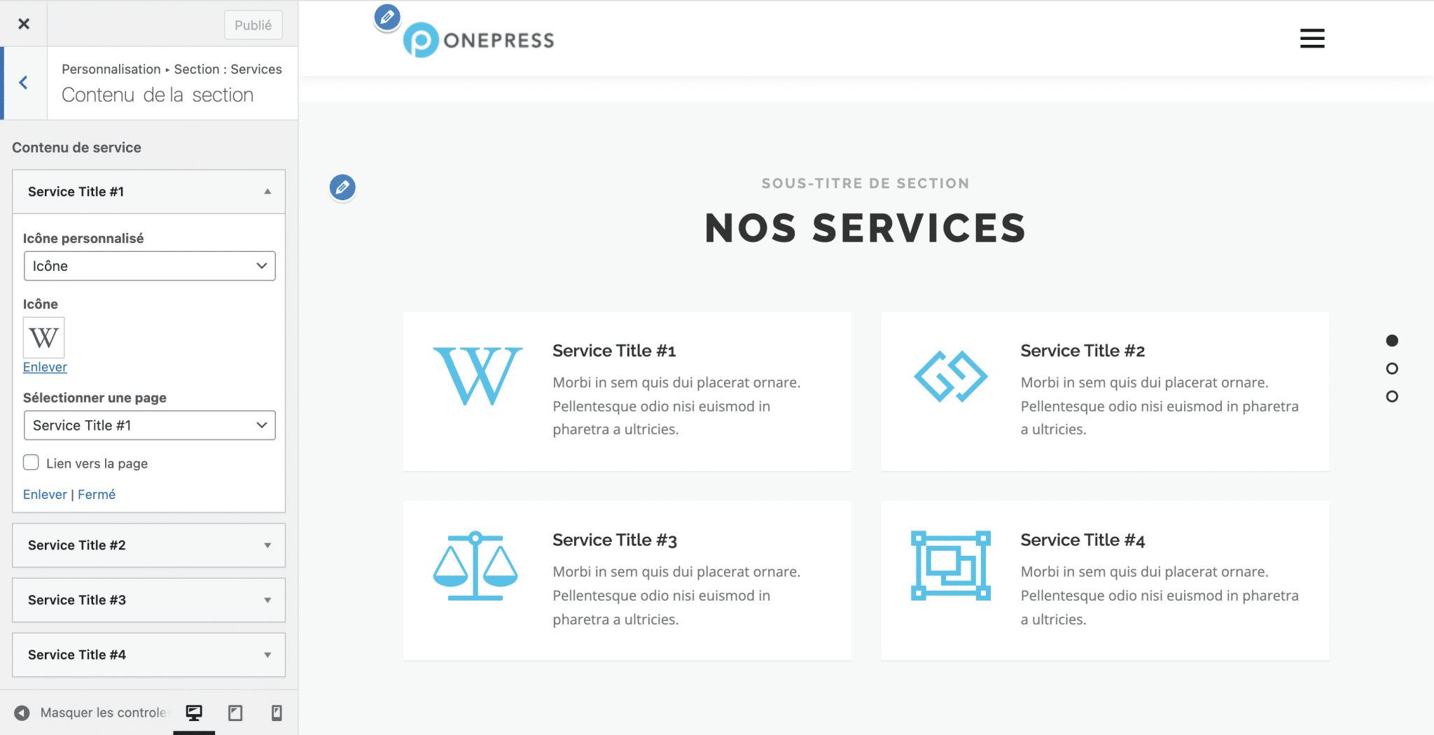 Section "Nos services" sur OnePress.