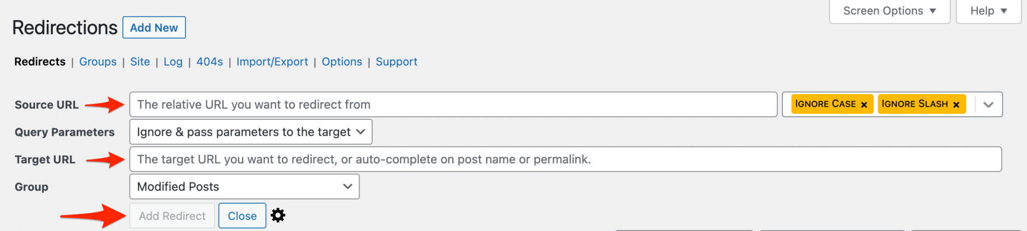 Settings of the Redirection plugin on WordPress to set up a new redirect.