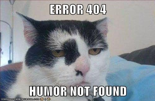Un meme représentant un chat mécontent avec le texte : "Error 404: humor not found".
