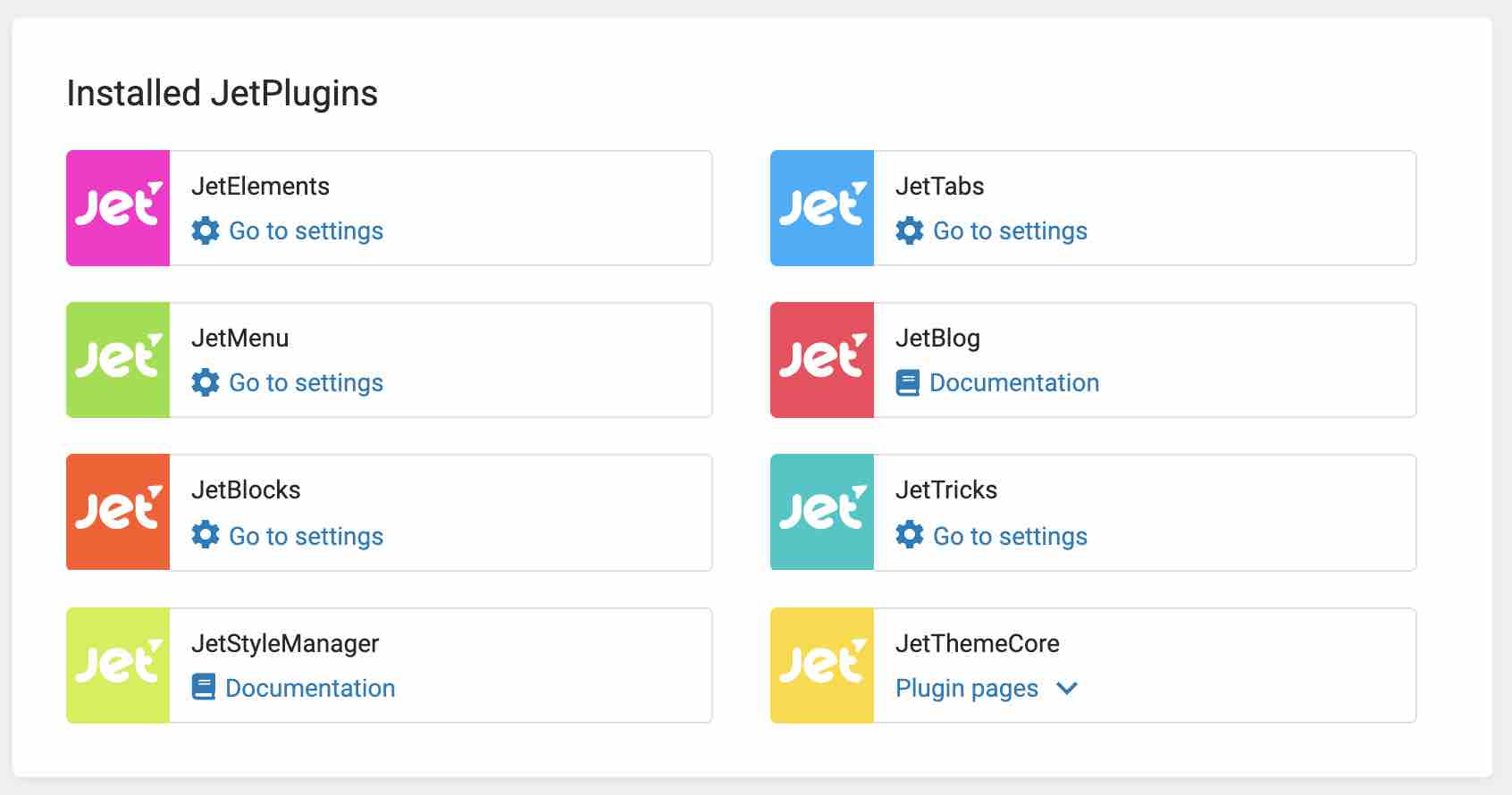 Les plugins Jet de Crocoblock sur l'administration de WordPress.