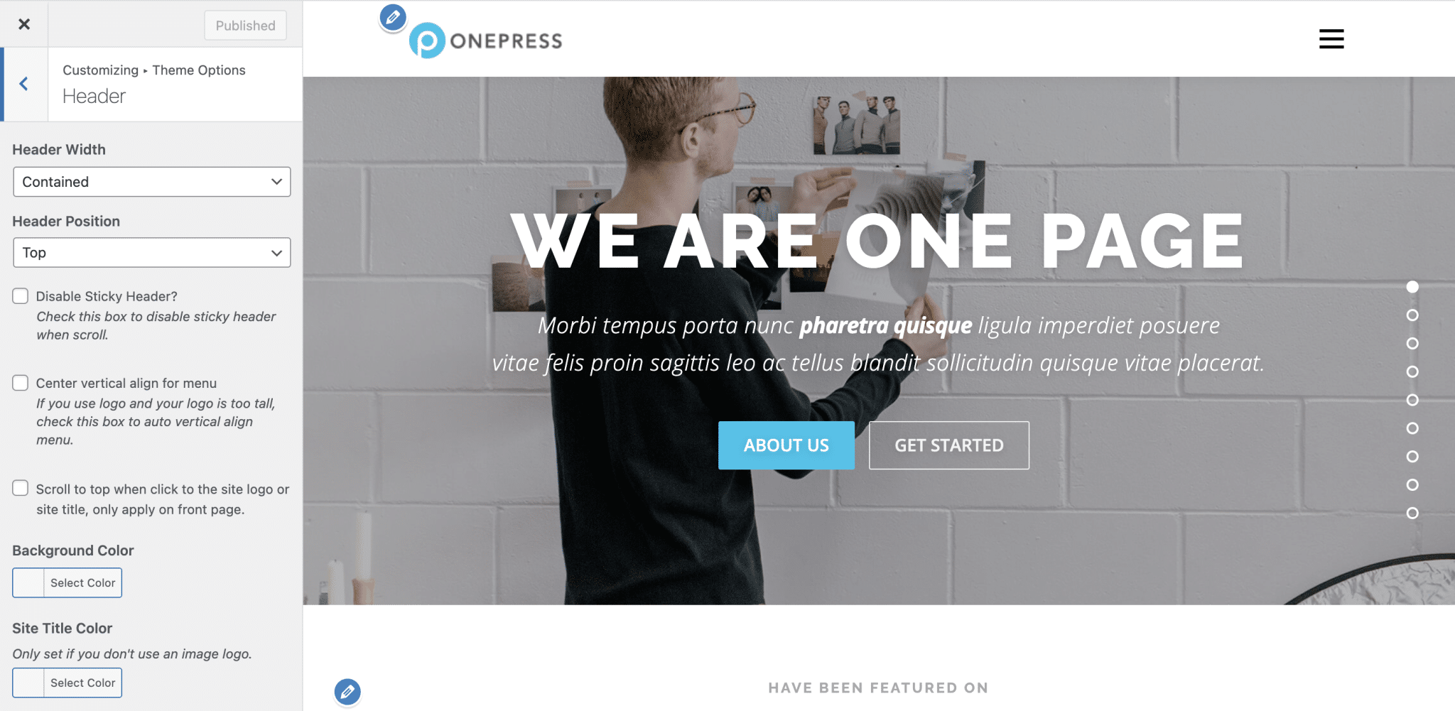 Header customization with the WordPress OnePress theme.