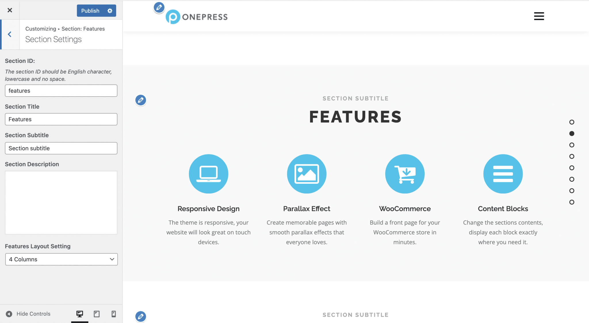 "Features" section settings of a WordPress OnePress site.