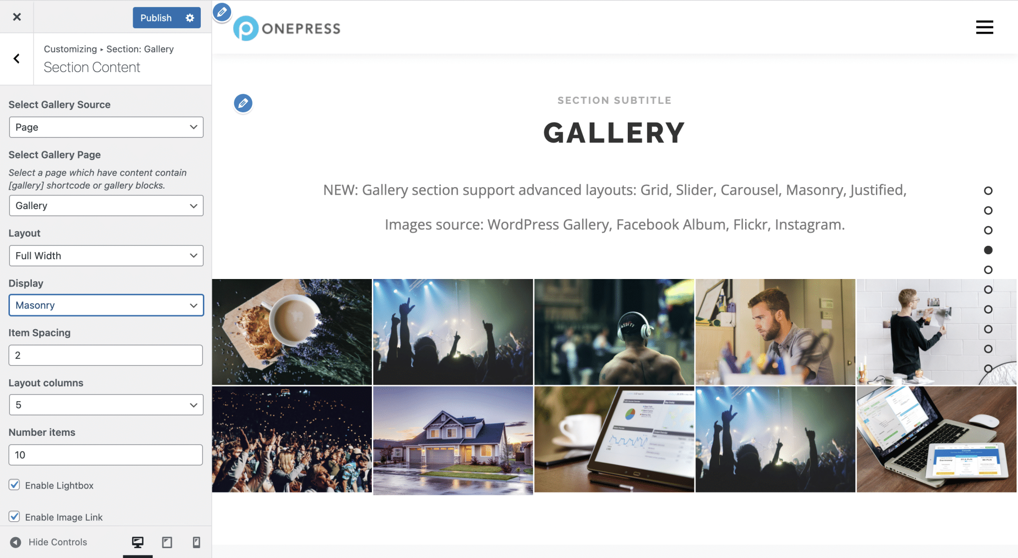 "Gallery" section settings of a WordPress OnePress site.