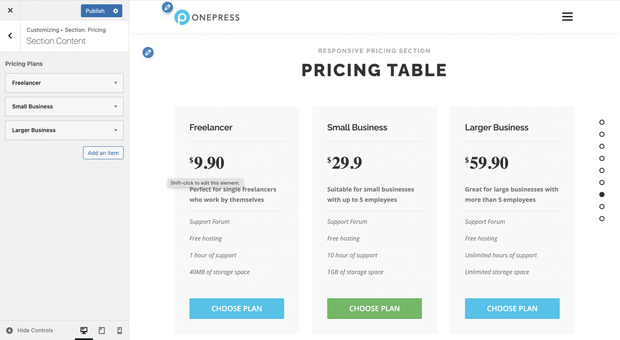 "Pricing" section settings of a WordPress OnePress site.