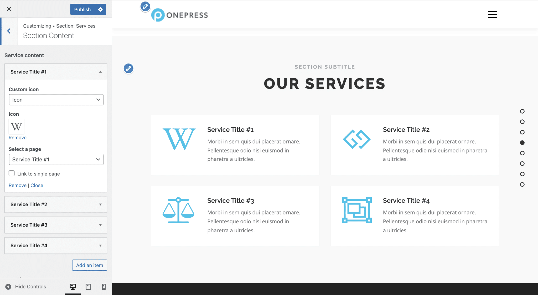 "Services" section settings of a WordPress OnePress site.