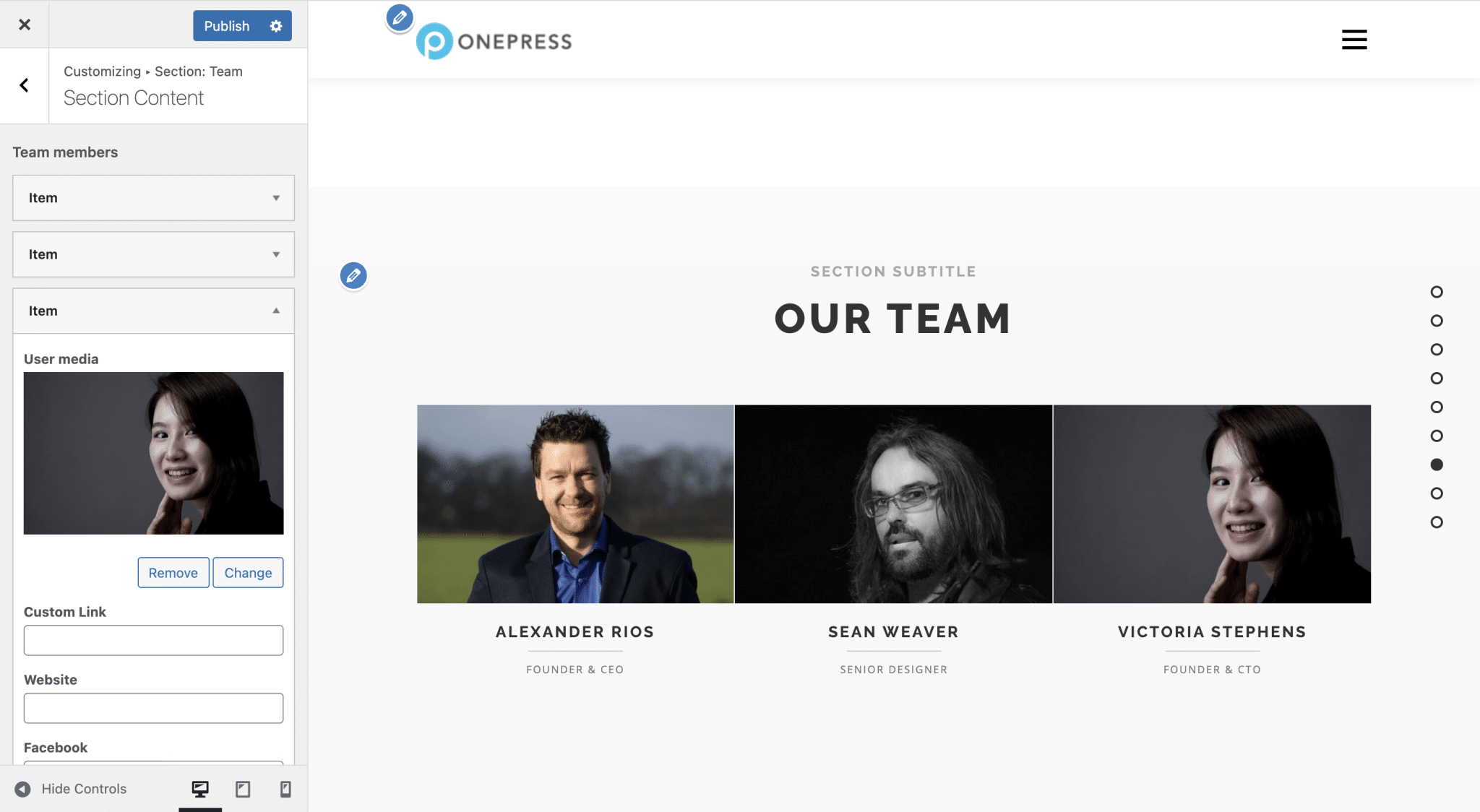 "Team" section settings of a WordPress OnePress site.