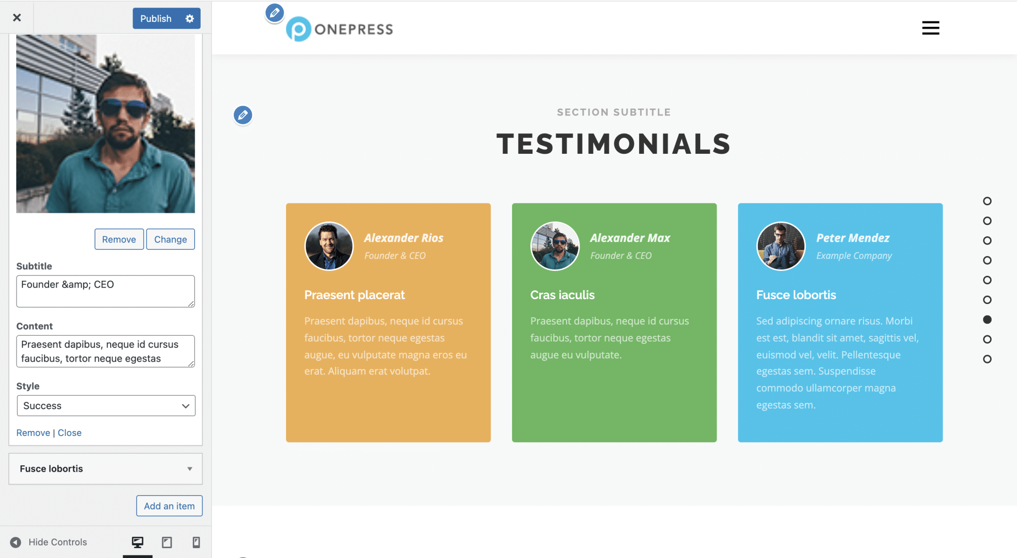 "Testimonials" section settings of a WordPress OnePress site.