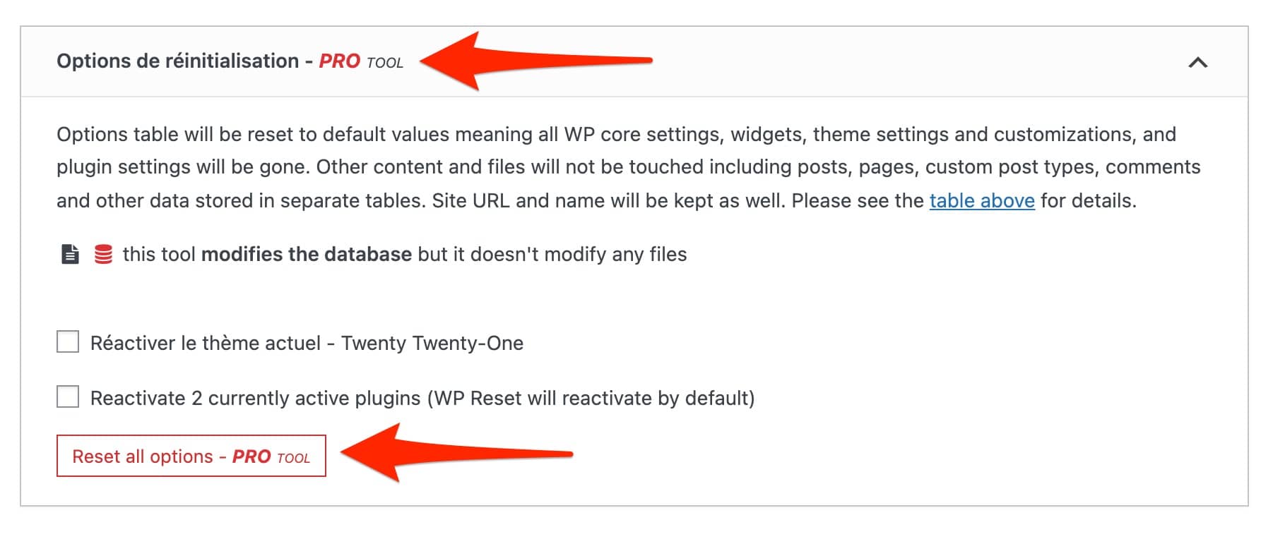 La distinction entre outils gratuits et premium est bien marquée sur WP Reset.