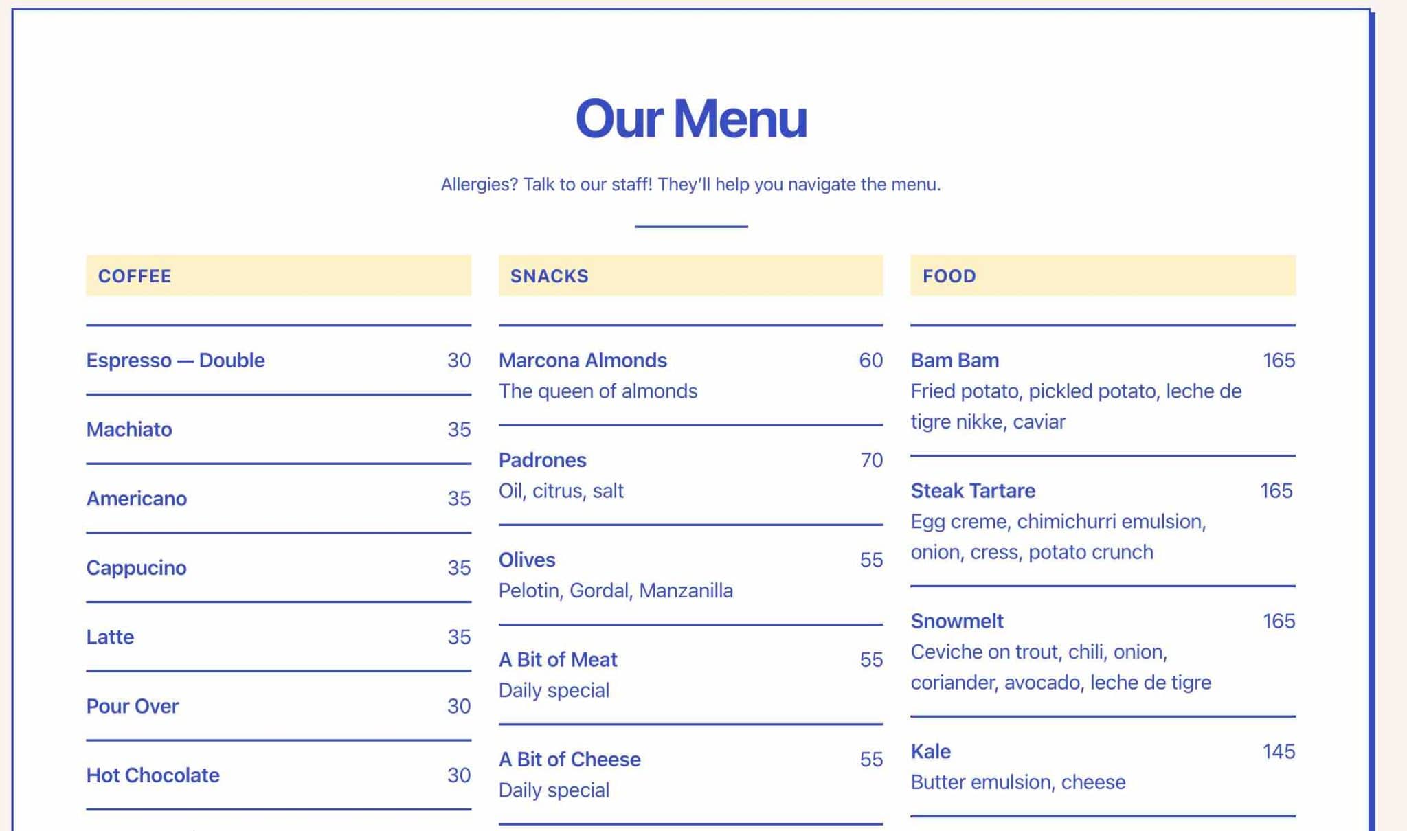 A Tove theme pattern presenting a typical menu example for a restaurant.