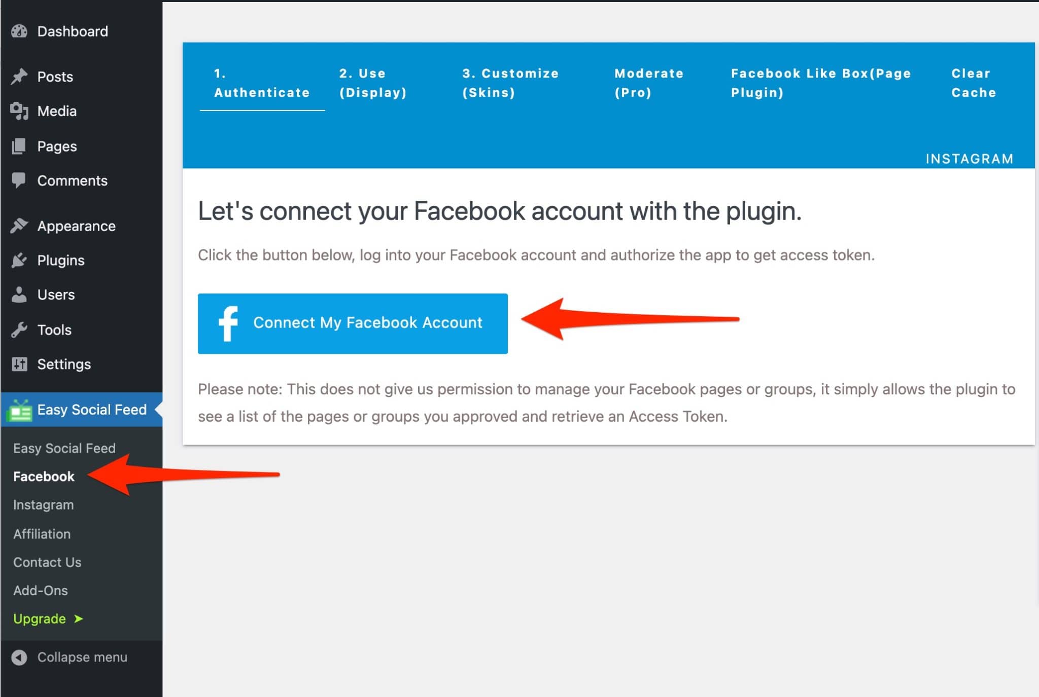 Connect a Facebook account to the Easy Social Feed Facebook plugin on WordPress.