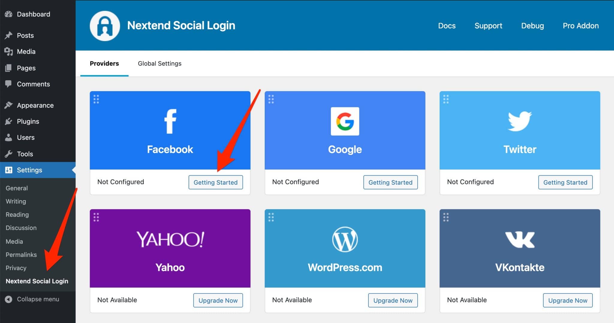 Facebook getting started button in the settings of Nextend Social Login on WordPress.