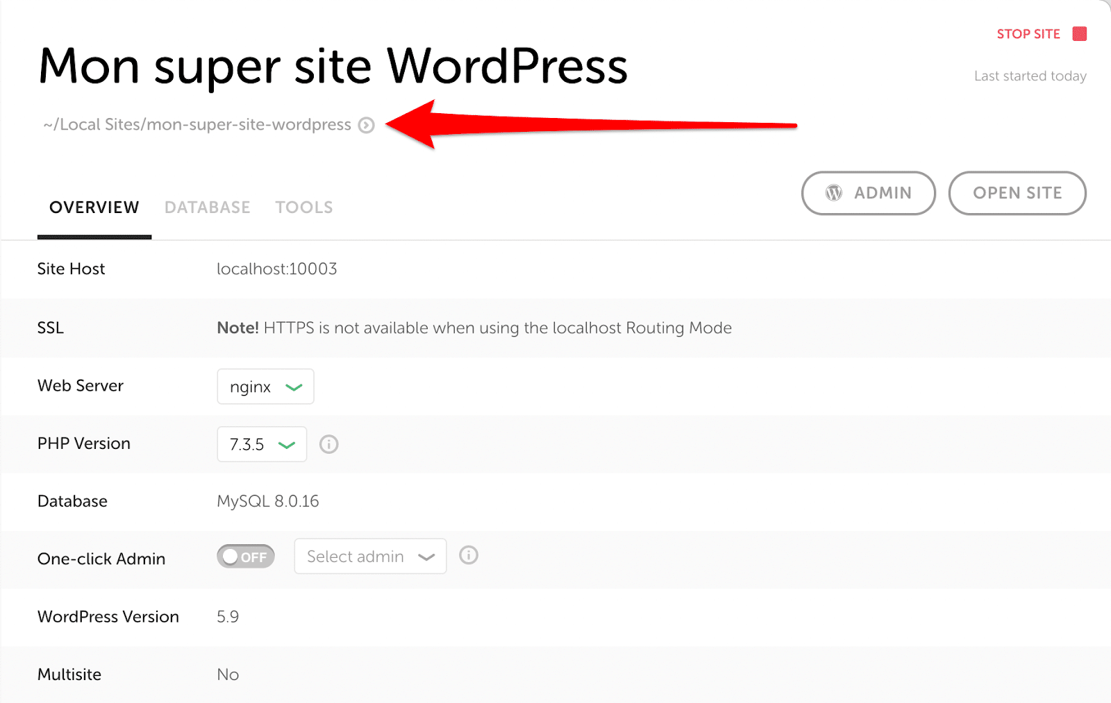 L'emplacement des fichiers de votre site WordPress en local, avec Local by Flywheel.