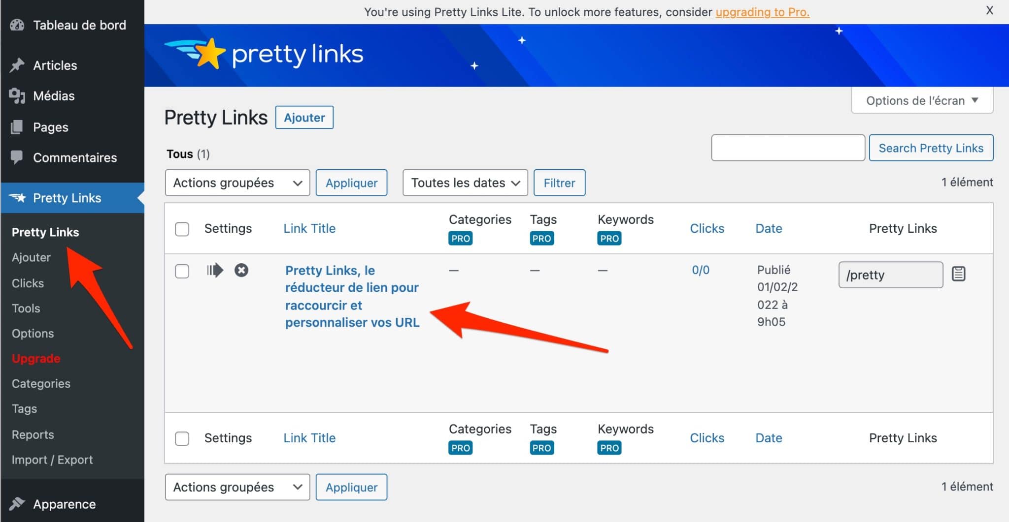 Pretty Links dispose d'un menu où vous retrouvez tous vos liens raccourcis.