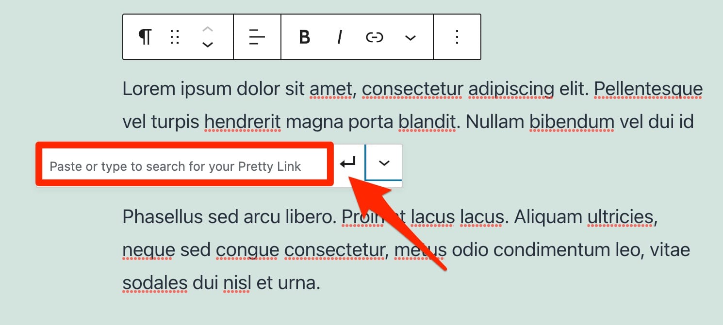 How to insert a Pretty Link via Gutenberg content editor.