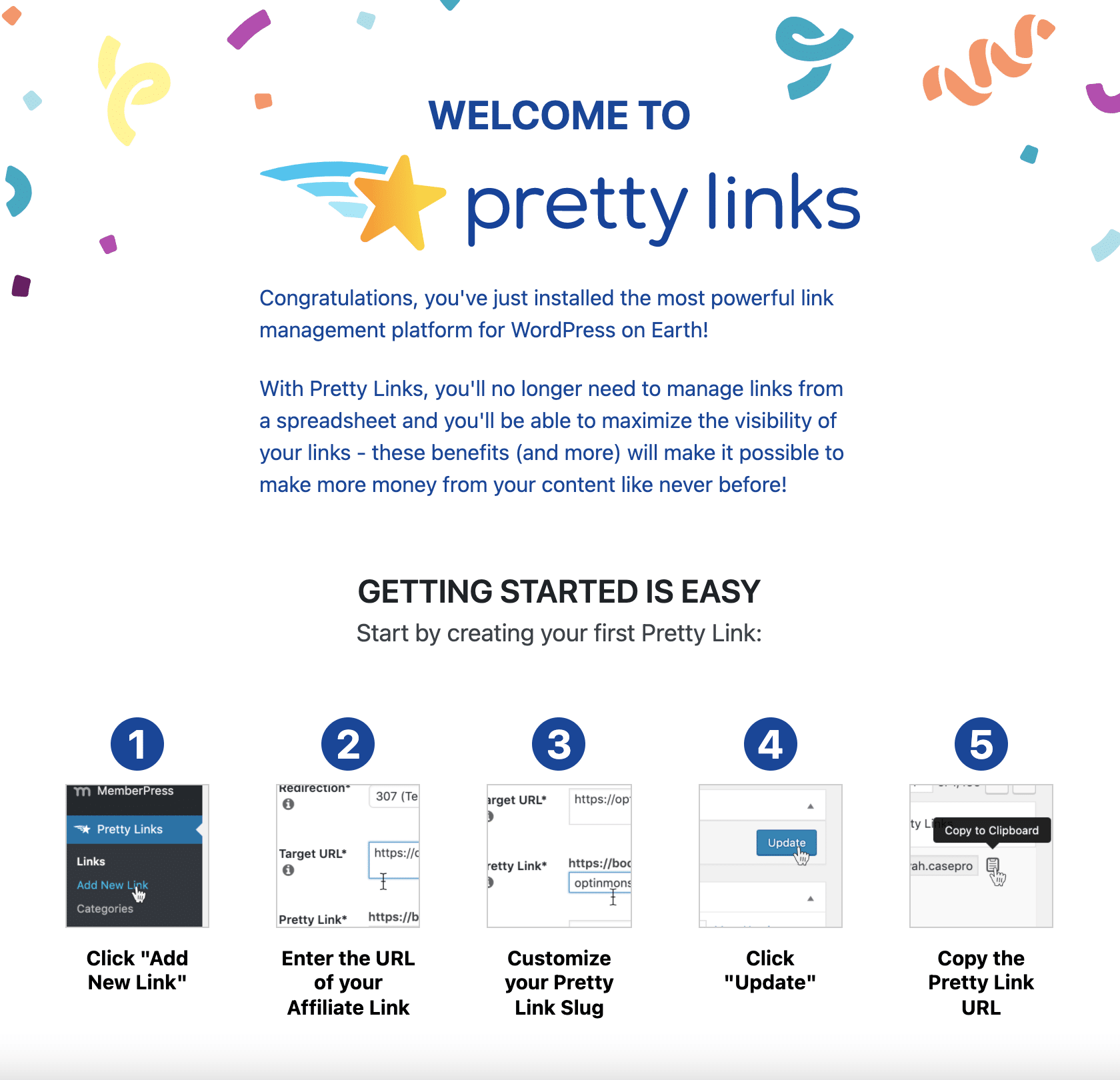 Welcome page of Pretty Links.