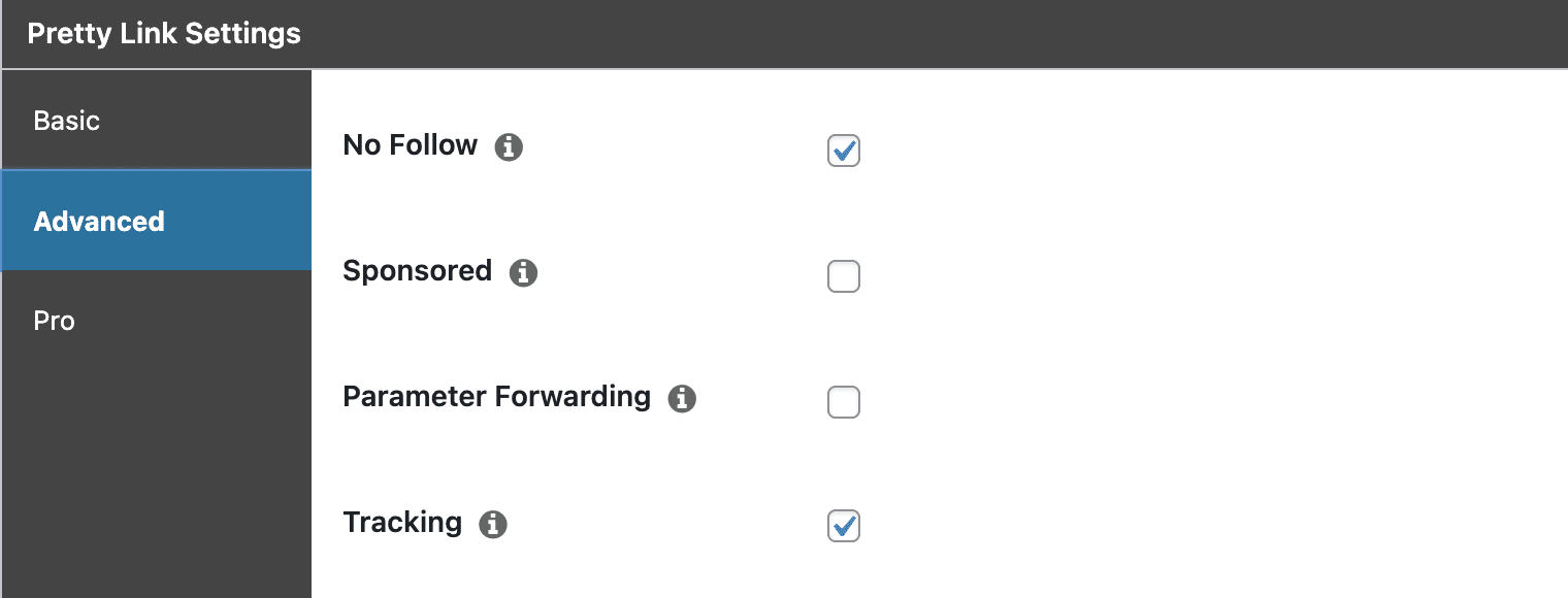 Pretty Links advanced tab in the settings