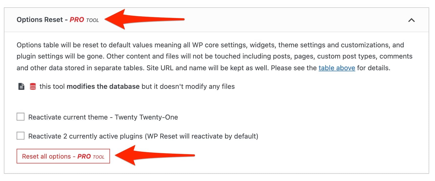 The PRO TOOL mention on the WordPress WP Reset plugin.