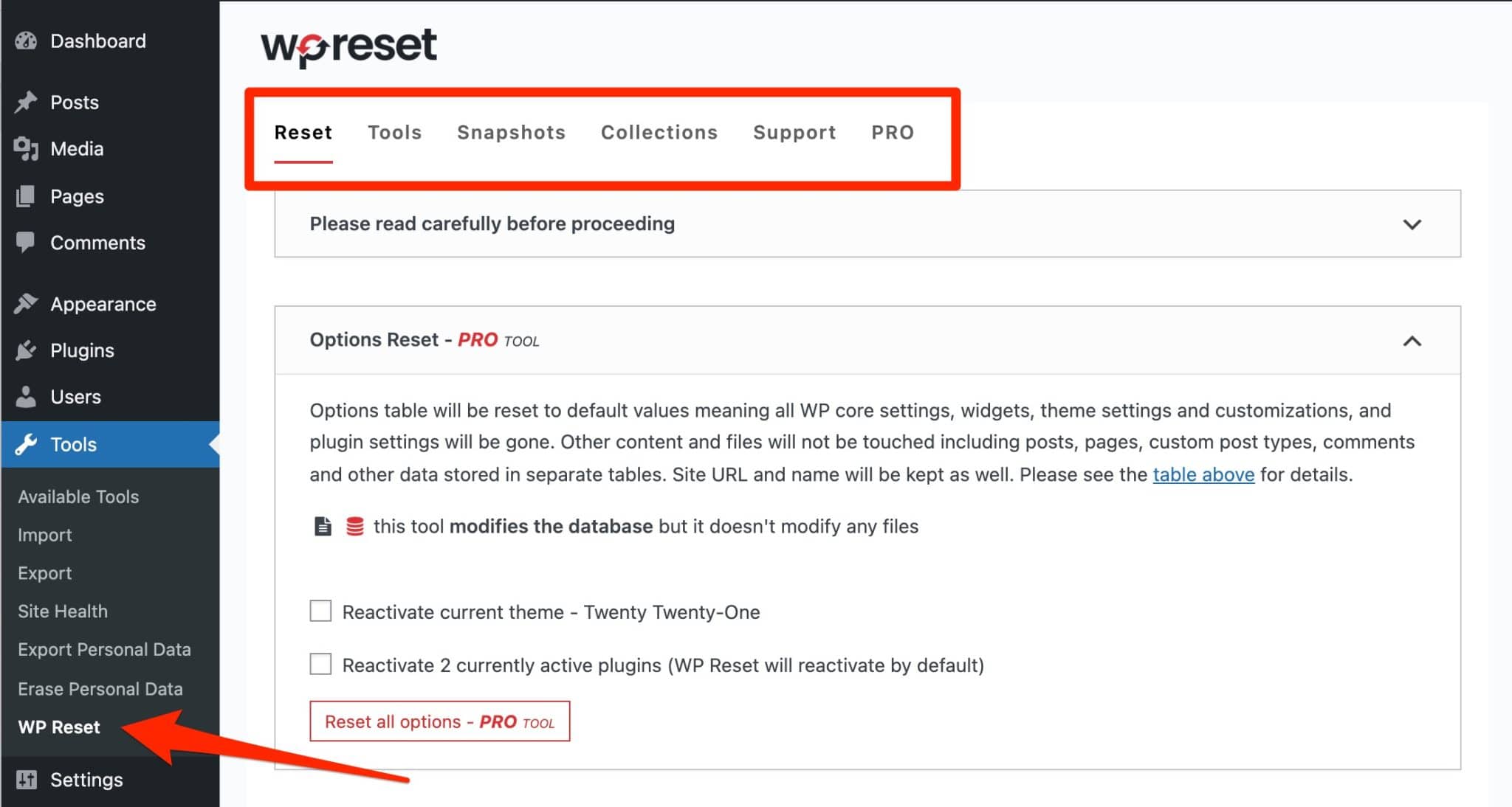 Settings of the WP Reset plugin on the WordPress admin.