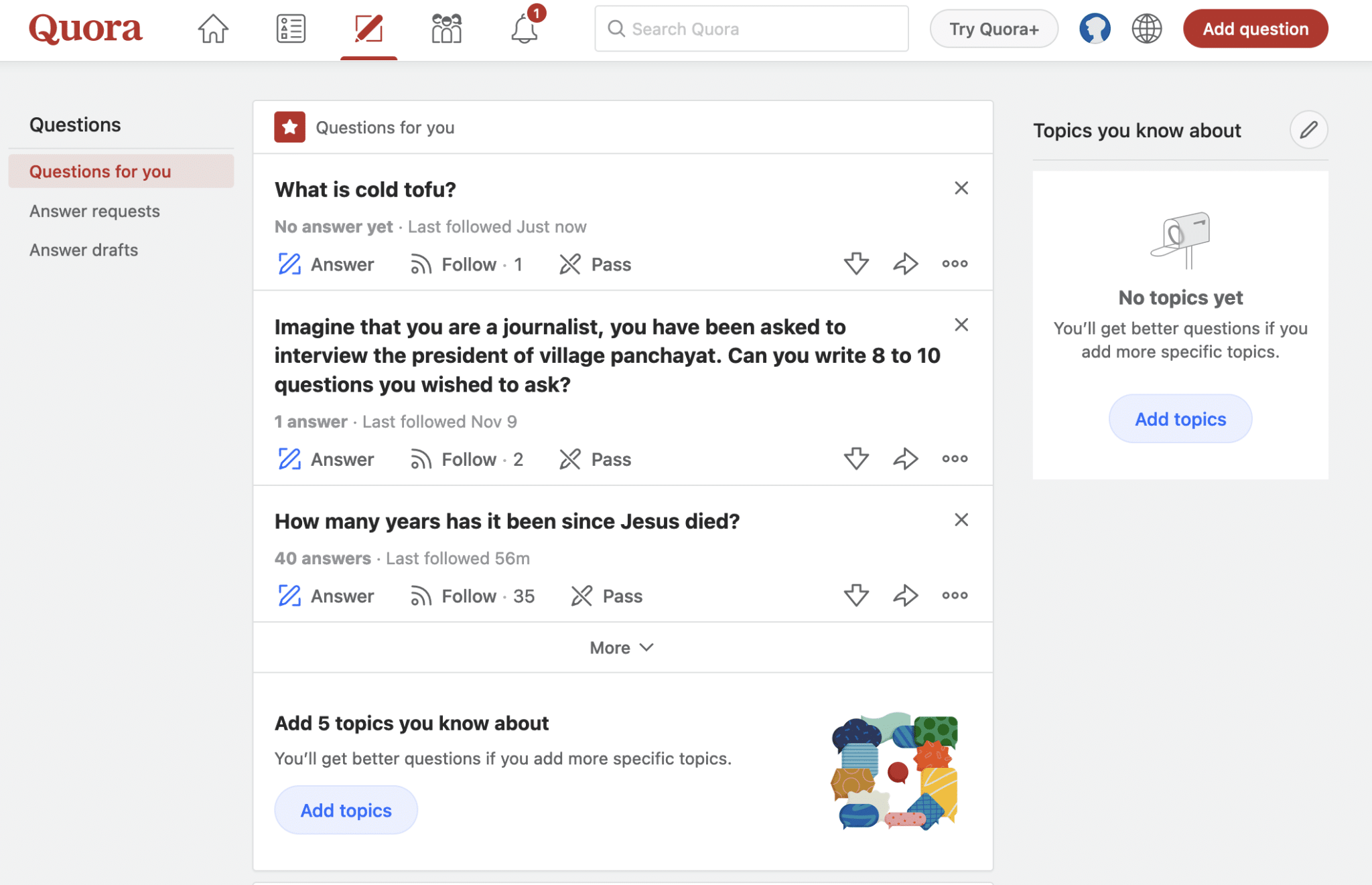 List of questions on Quora website.