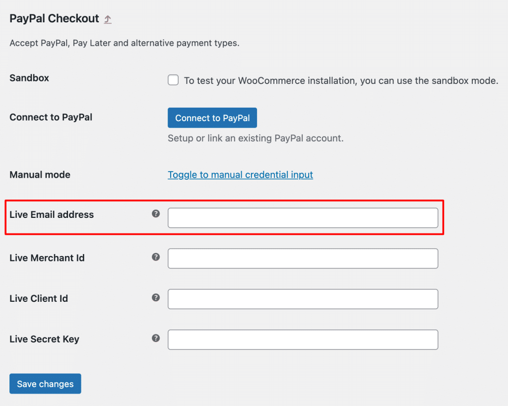 PayPal checkout settings in WordPress.