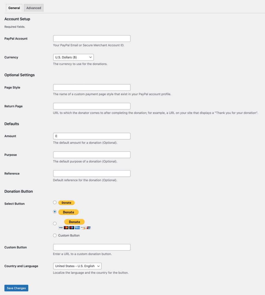 Settings page of the PayPal Donations plugin.
