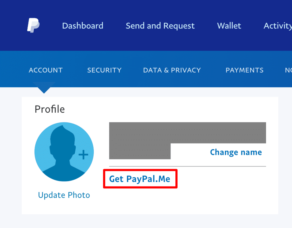 PayPal account tab for PayPal.Me. 