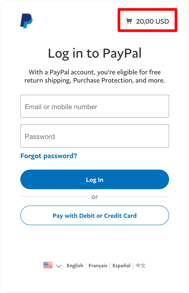 PayPal login page to pay for the purchase.