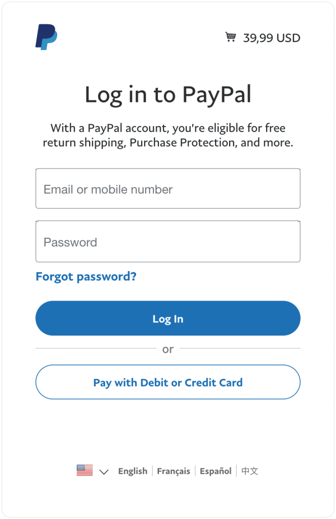 PayPal login page to make a purchase.