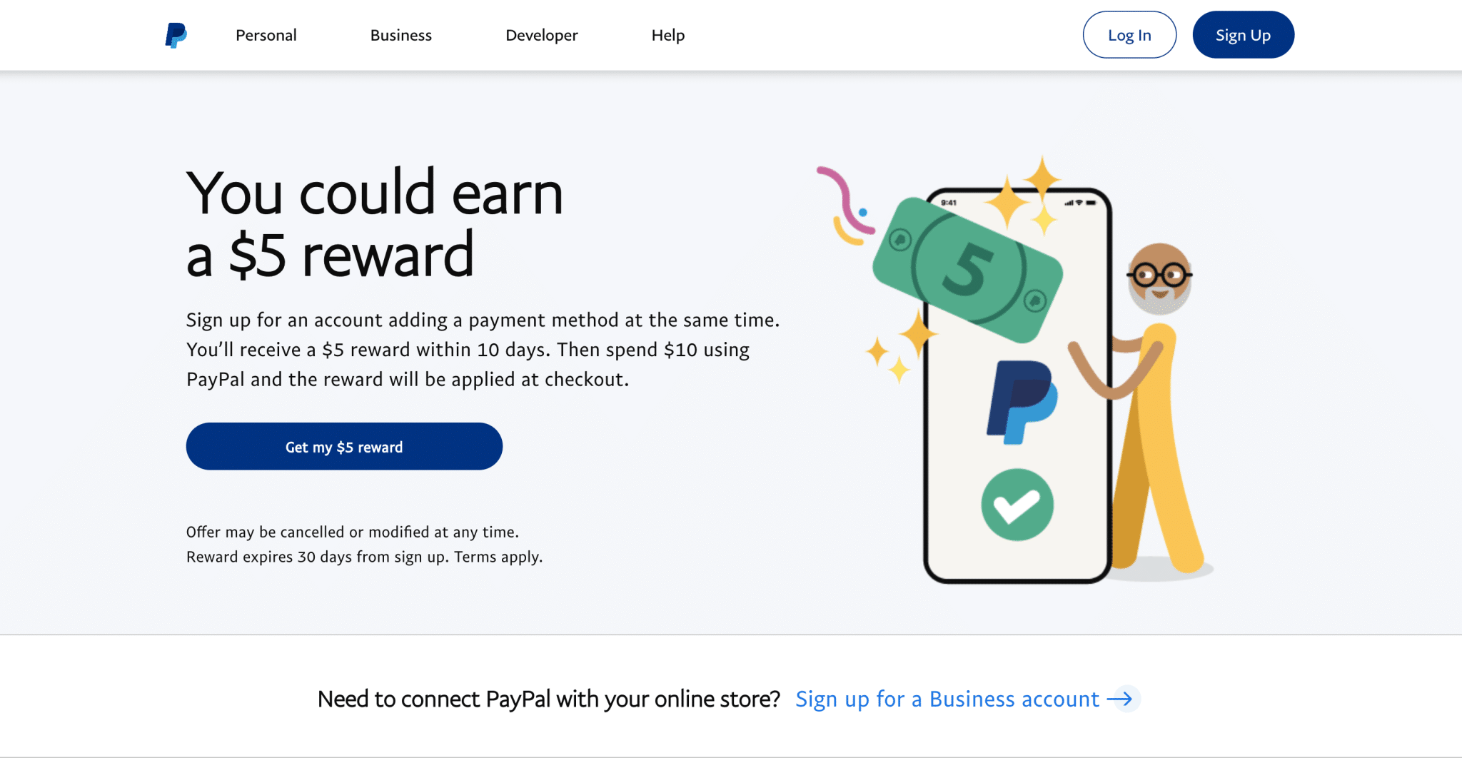 Log In and Sign Up page on PayPal’s website