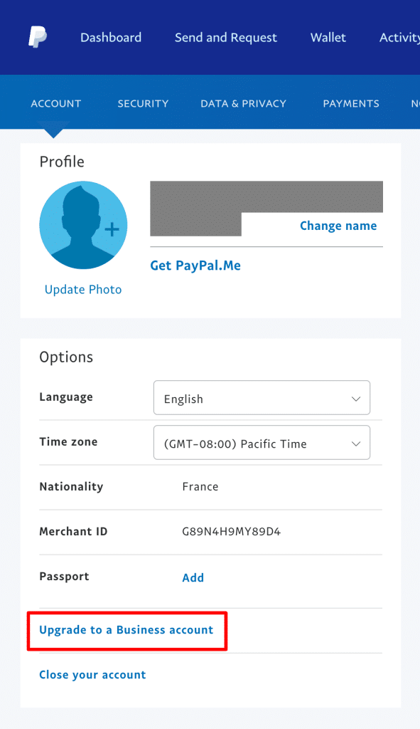 PayPal Account tab to set up a business account.
