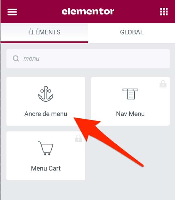 Elementor's menu anchor widget.