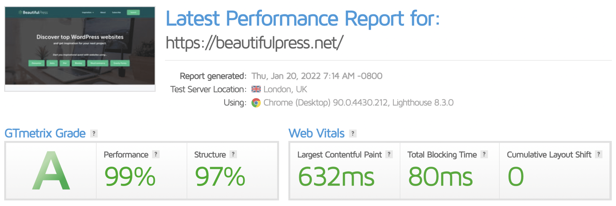 Performance test for beautifulPress.net, a website created with Elementor.