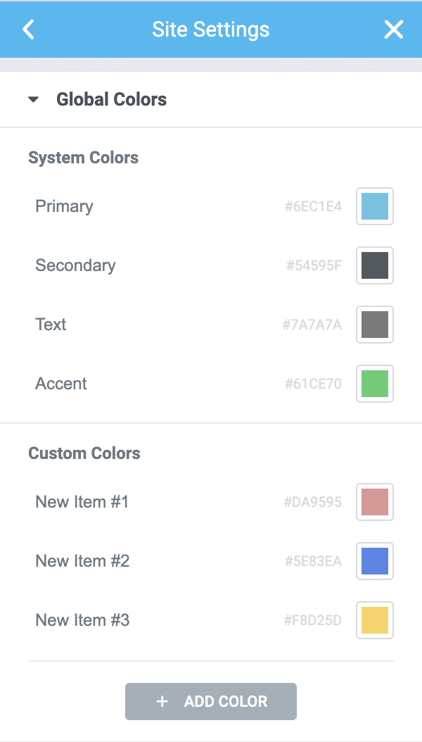 You can define global colors in the Site Settings on the Elementor Design System. 
