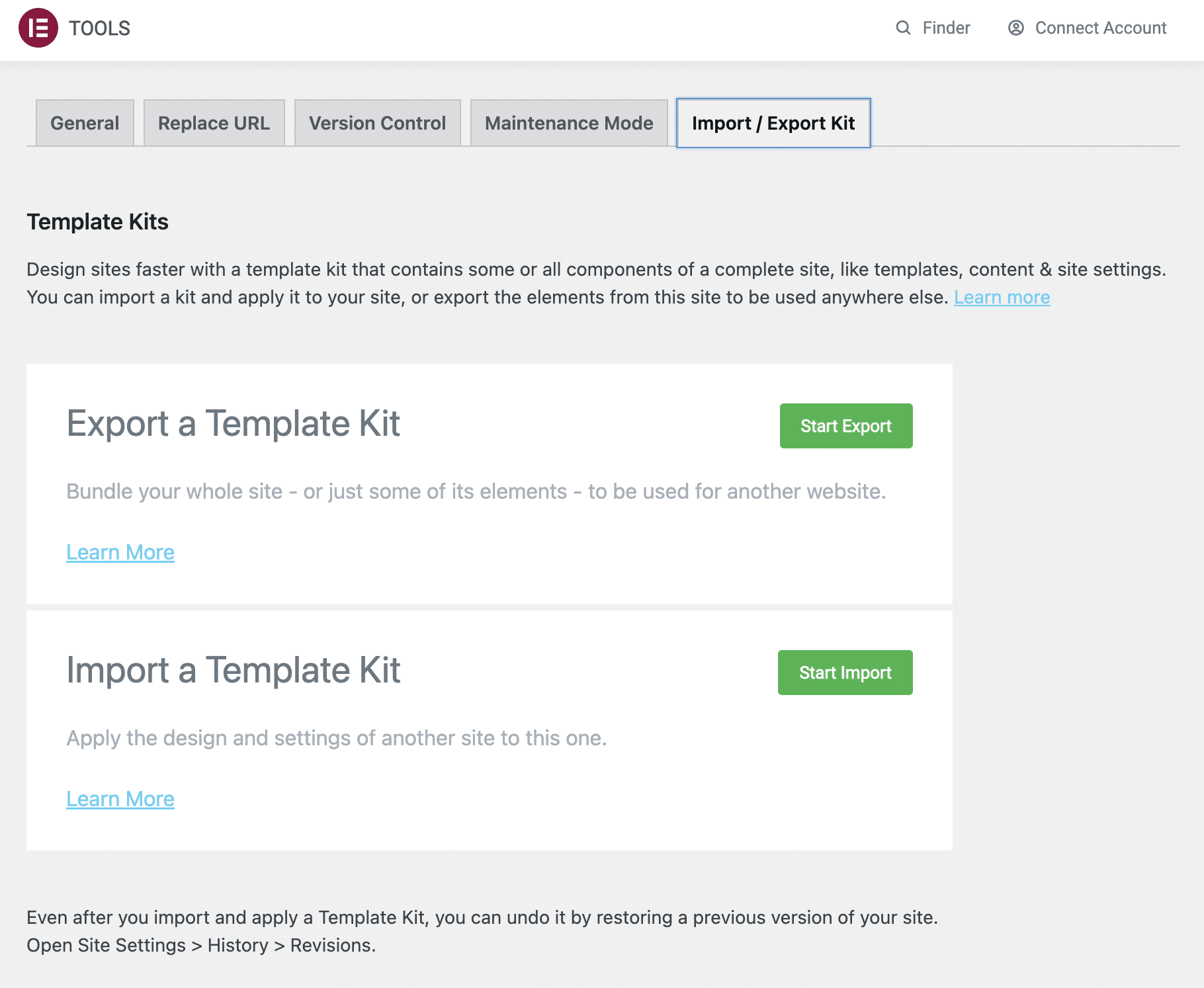 Import / Export Kit tab on Elementor.