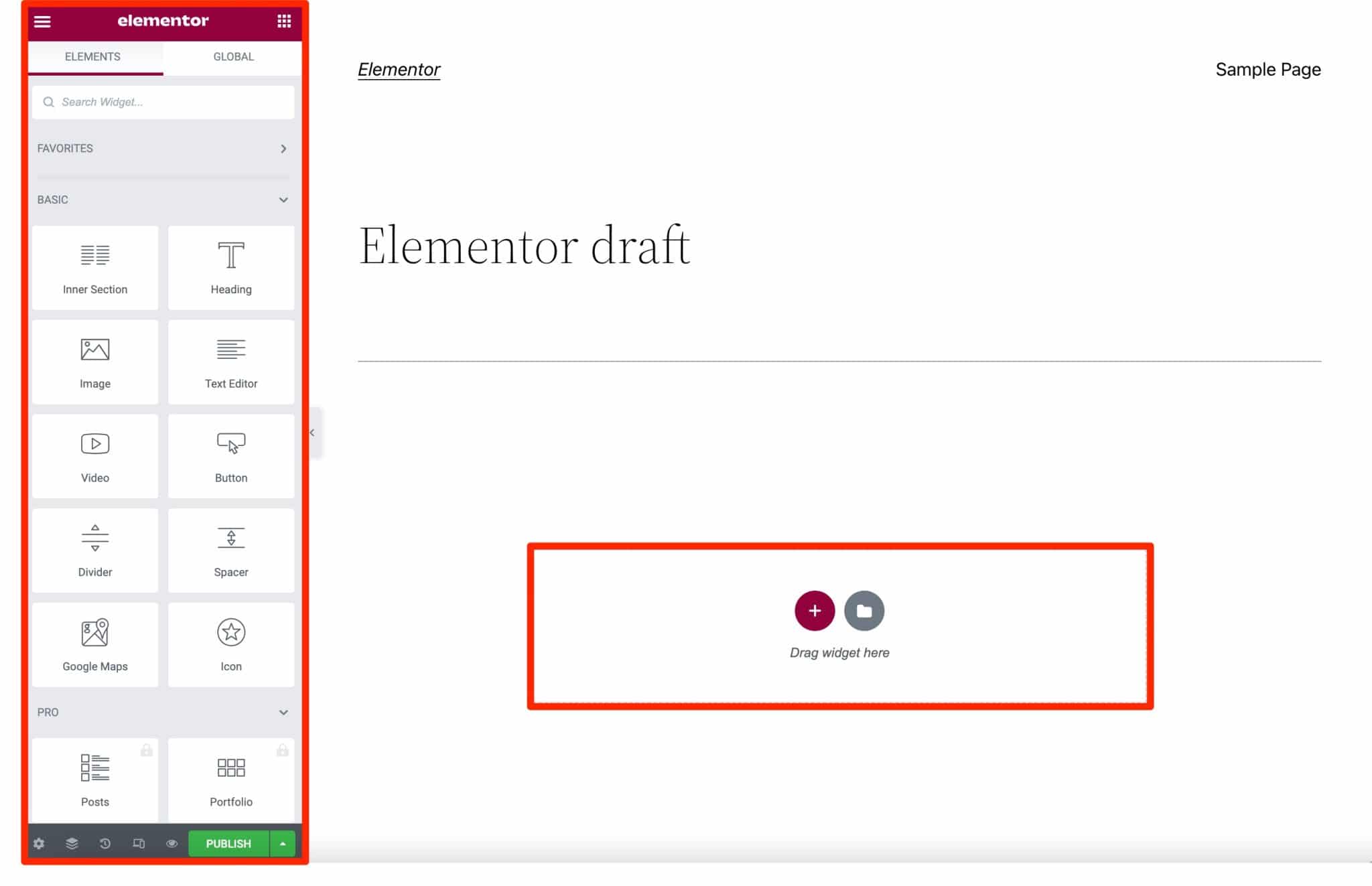 The Elementor page builder editing interface.