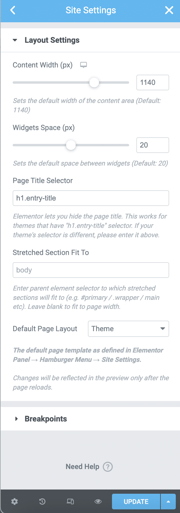 Layout Settings in the Elementor Site Settings.