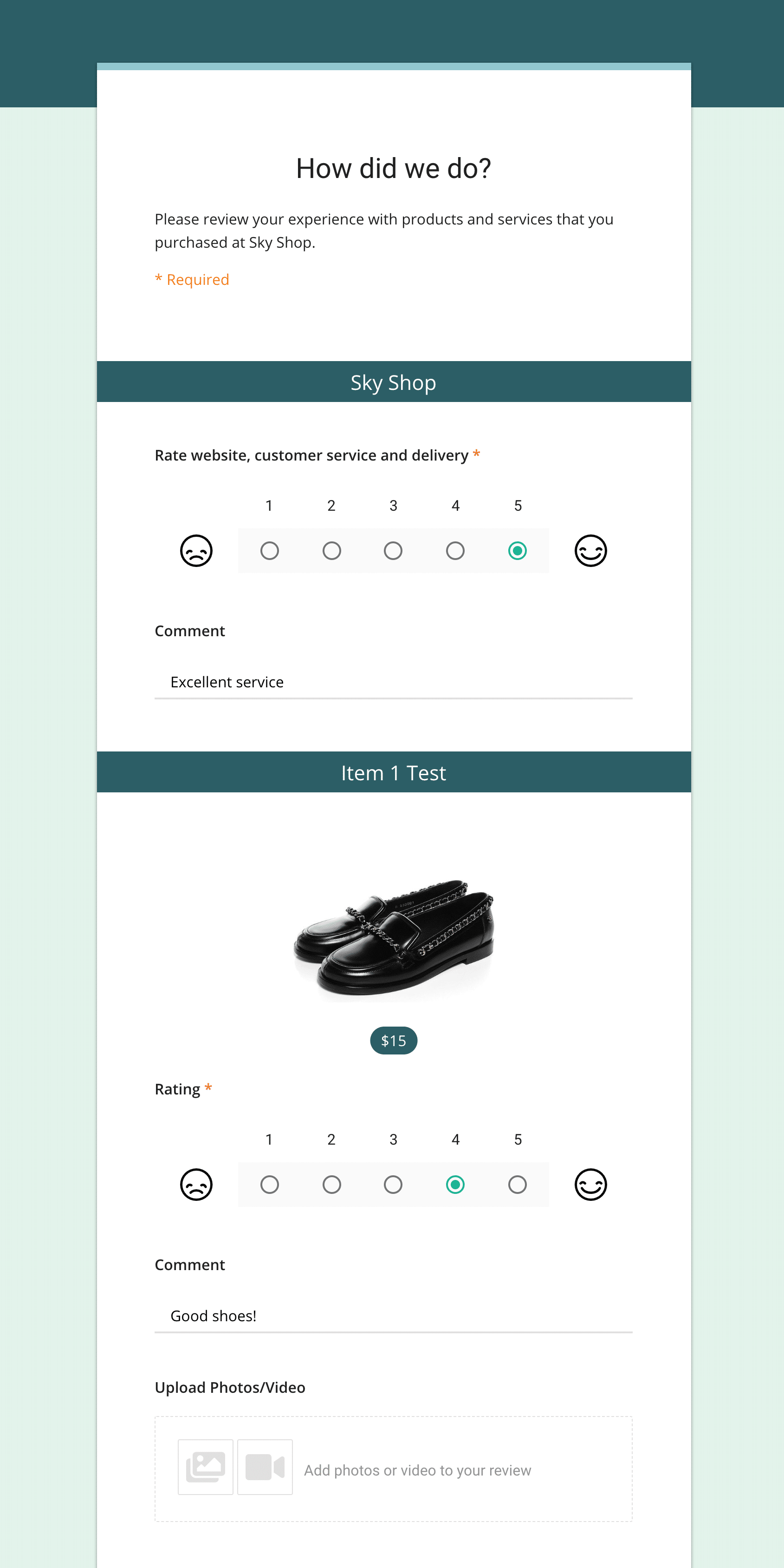 Form for collecting customer reviews designed with the Customer Reviews for WooCommerce plugin.