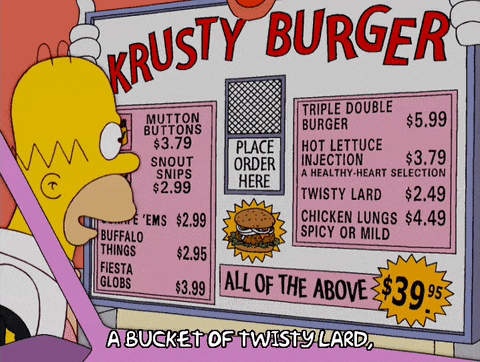 Homer Simpson consults a menu.