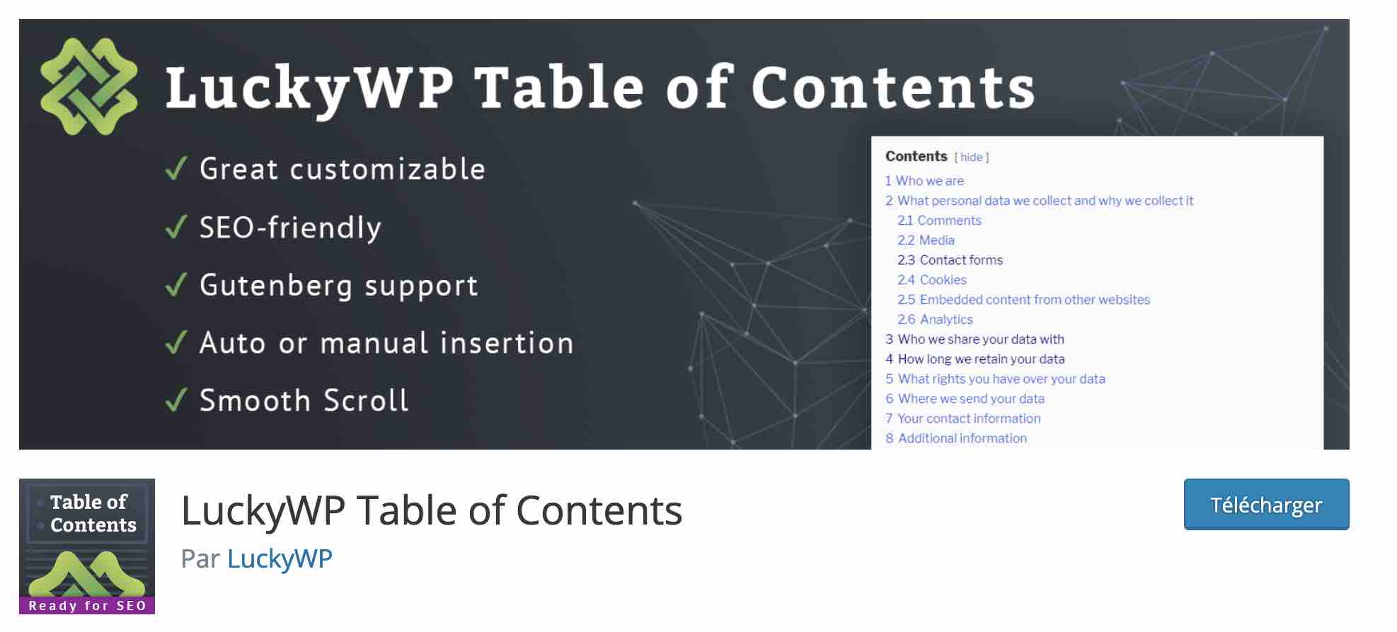 LuckyWP Table of Contents allows you to create a table of contents.