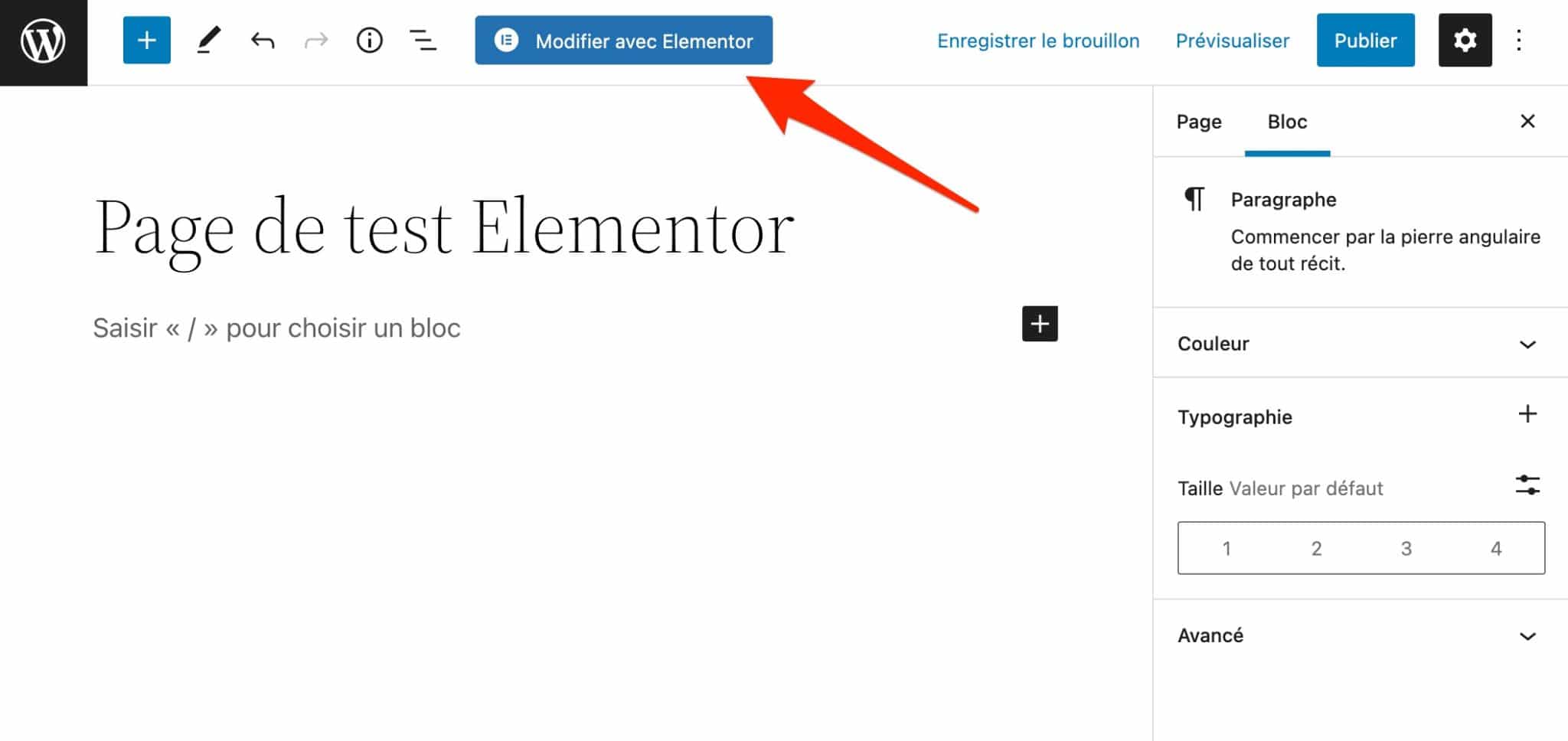 Elementor s'active sur une page WordPress depuis l'interface de l'éditeur de contenu.