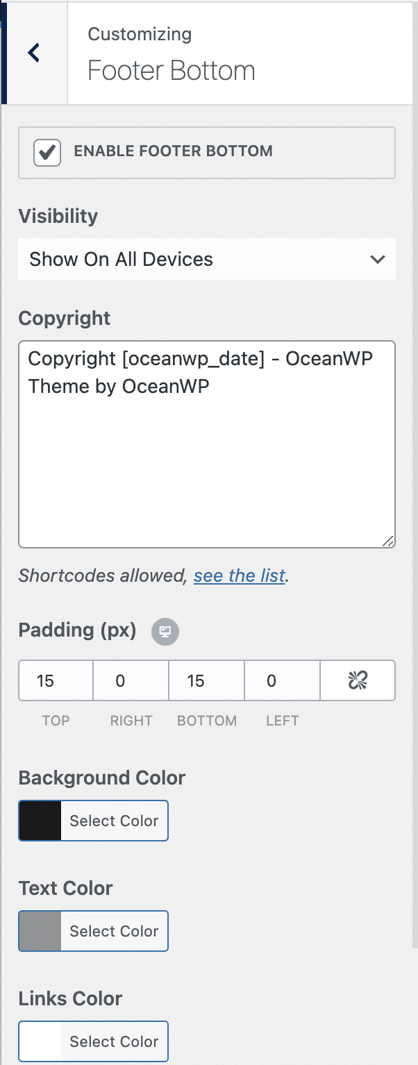 OceanWP footer bottom customization.