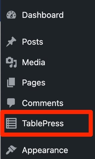 TablePress menu in the WordPress admin.