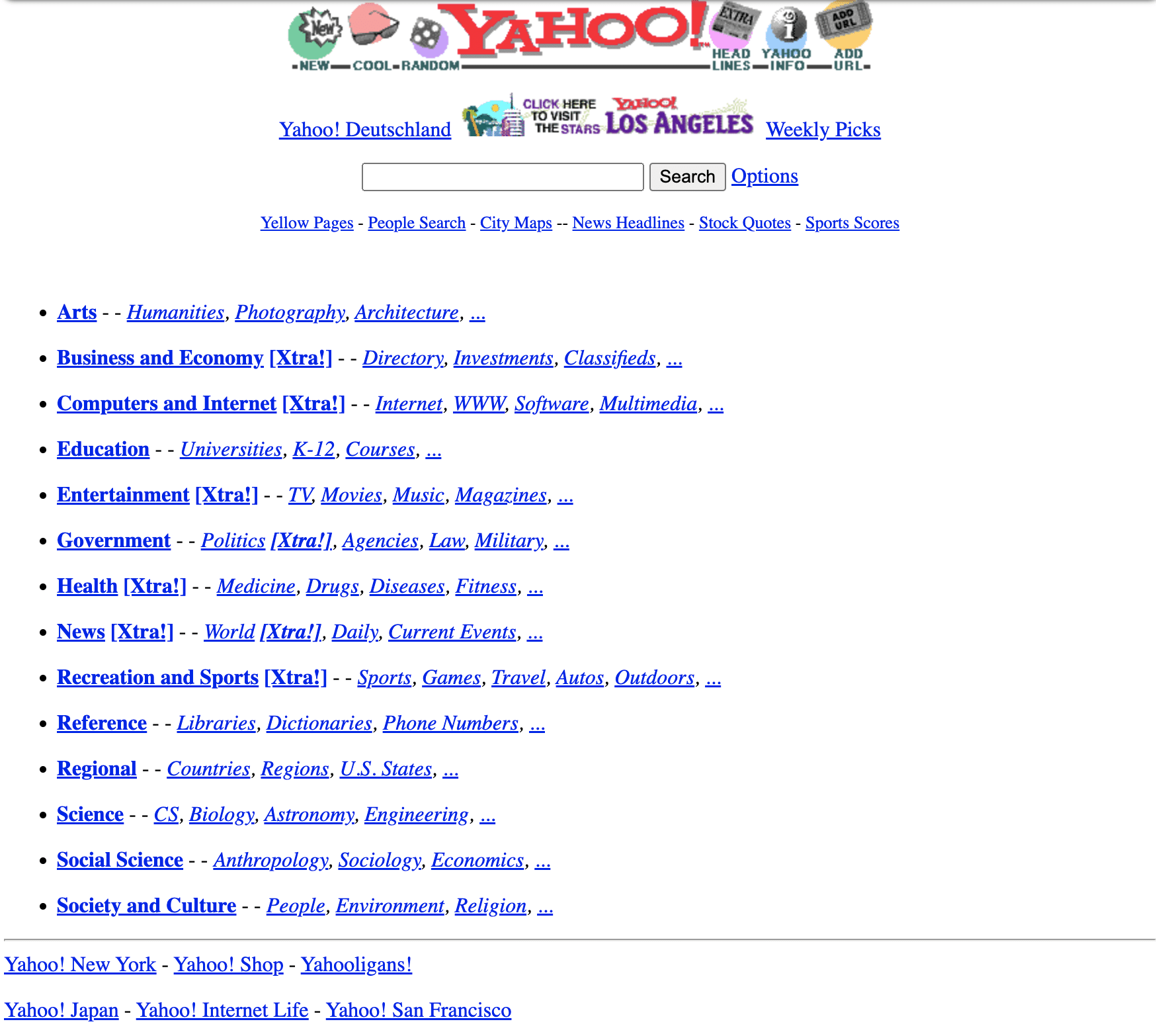La page d'accueil du site Yahoo à ses débuts.