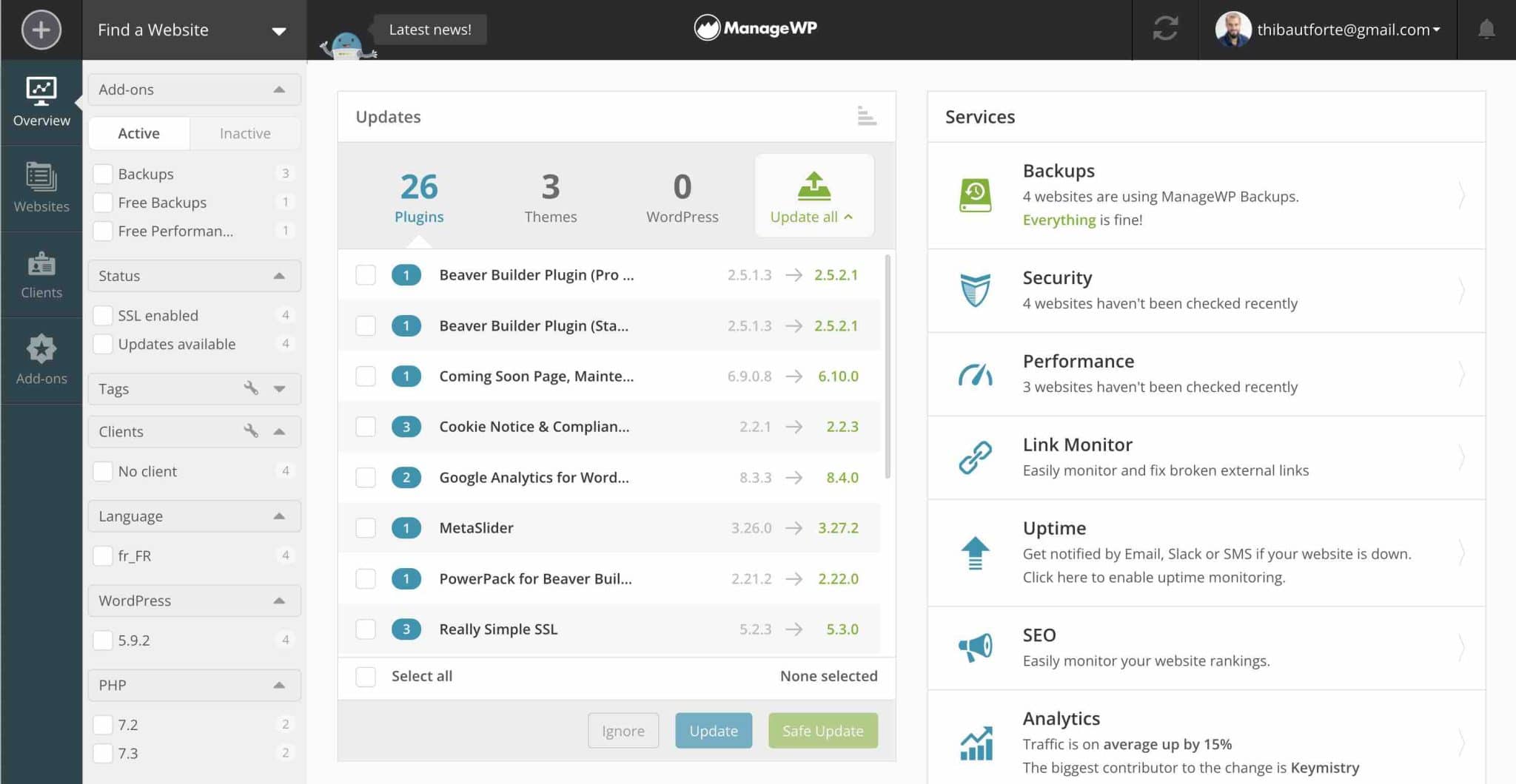 Central dashboard of ManageWP. 