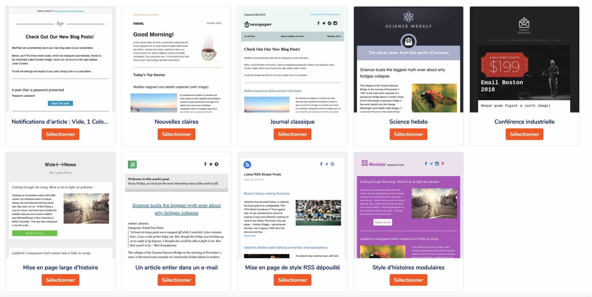 The article notification templates offered by MailPoet.