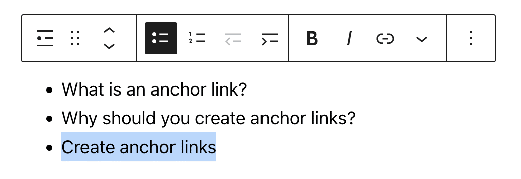 Creation of an anchor link using a list block in WordPress. 