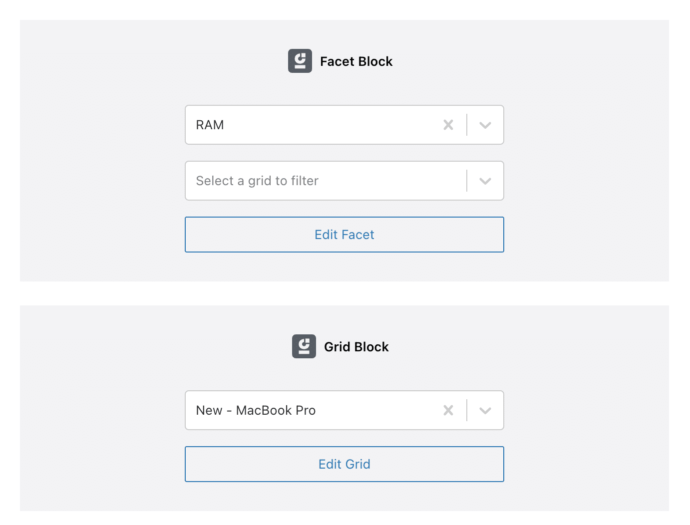 Facet and Grid blocks can be edited in WP Grid Builder in WordPress.