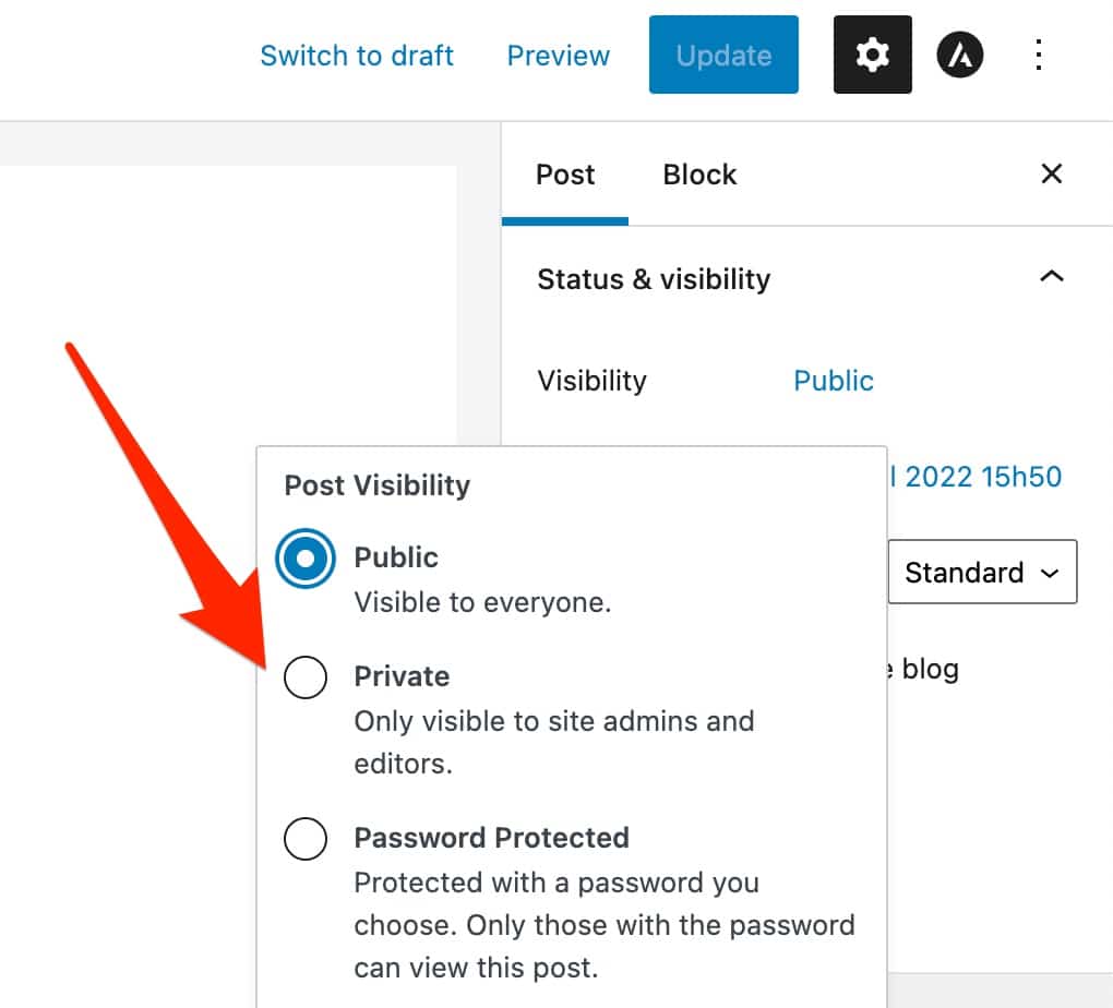 WordPress offers an option to make a page private. 