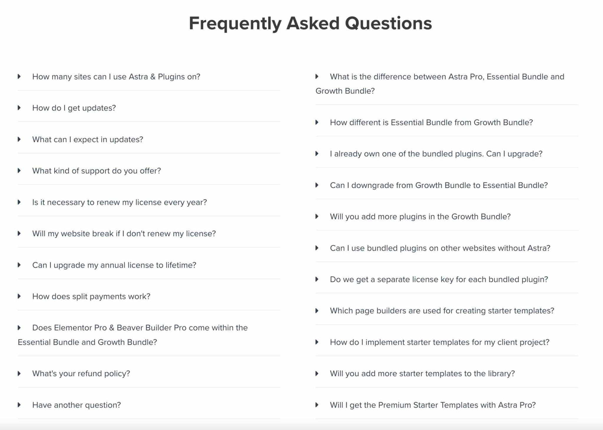 Questions from the Astra theme WordPress FAQ.
