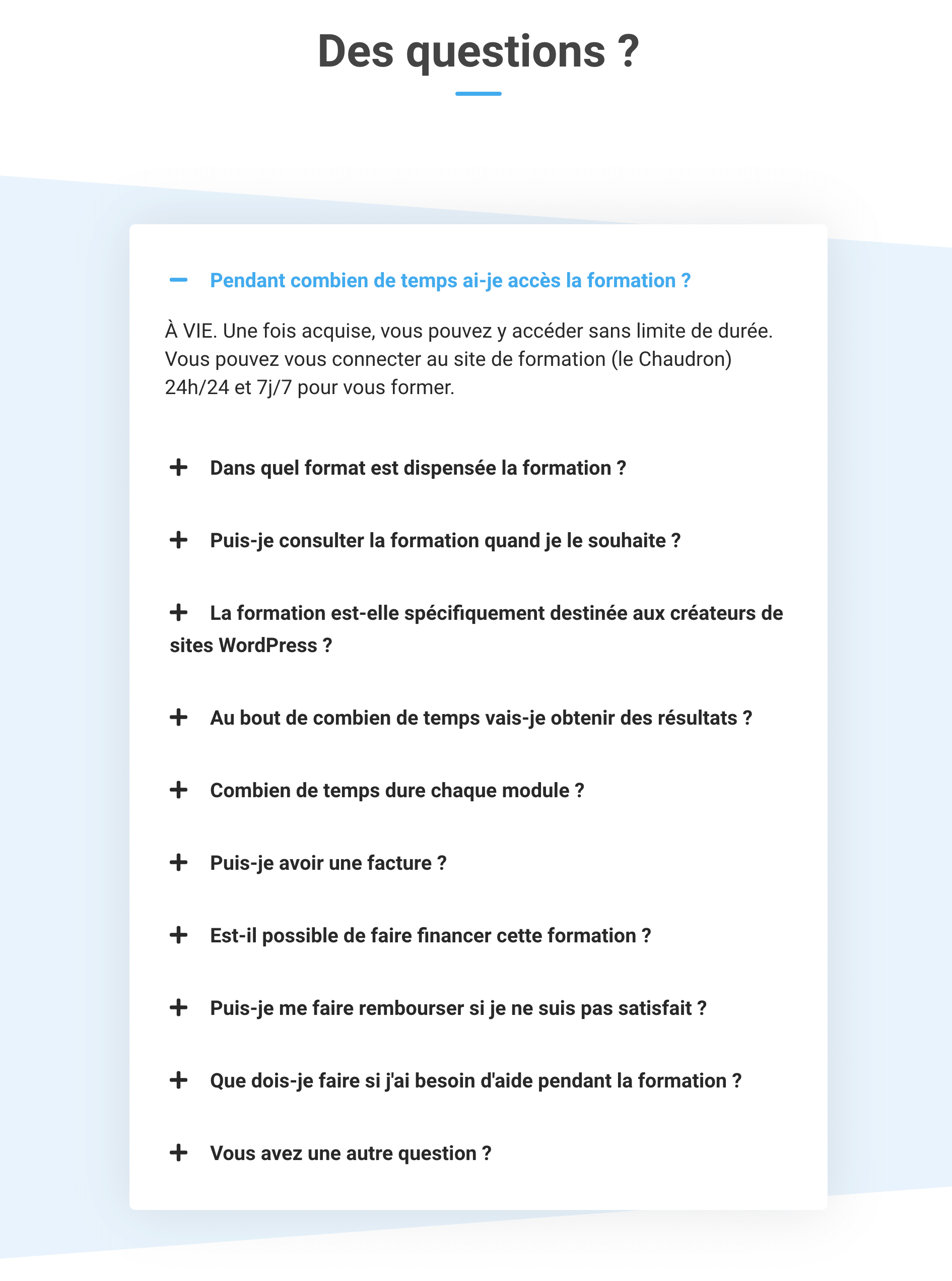 Une FAQ WordPress avec plusieurs questions.